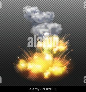 Flammende Explosionskomposition auf transparentem Hintergrund mit Rauch und Blitz Realistische Vektordarstellung Stock Vektor