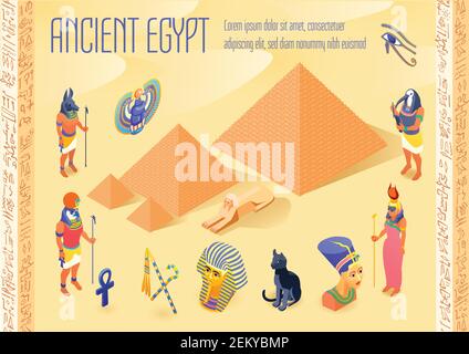 Isometrisches Plakat mit verschiedenen Symbolen der alten ägypten Pyramiden Pharaonen ägyptische Götter 3D Vektor-Illustration Stock Vektor