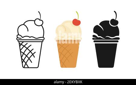 Vanilla Ice Cream in Waffle Cup mit Kirschen Cartoon-Set, Line Icon und schwarzer Glyphe-Stil. Handgezeichnete Skizze Eis. Bright Sommer Kollektion süßes Essen. Isolierte niedliche Dessert Vektor-Illustration Stock Vektor