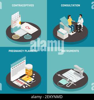 Gynäkologie Instrumente Verhütungsmittel Werkzeuge für die Schwangerschaftsplanung isometrisches 2x2 Design Konzept isoliert auf bunten Hintergrund 3D Vektor-Illustration Stock Vektor