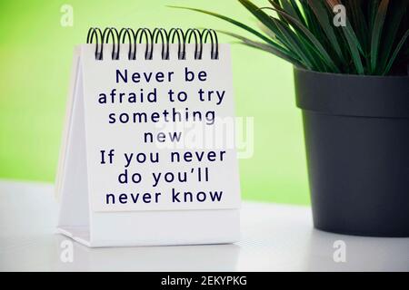Inspirierendes Zitat auf Papierständer mit Topfpflanze und verschwommenem Hintergrund Stockfoto