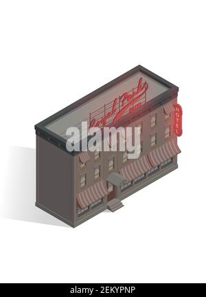 Vektor isometrisches gotisches Hotel mit Schild. Vektor-Illustration von Vintage-Wohnzimmer. Blockieren. London Fairy Building. Viktorianisch, düster, dunkel und alt st Stock Vektor