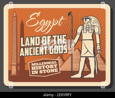 Altes Ägypten Geschichte Museum und Reise Wahrzeichen vintage Retro Poster. Vektor Ägypten Kultur Tour Ausflüge, Horus gott Gottheit, Gizeh und Kairo pharao Stock Vektor