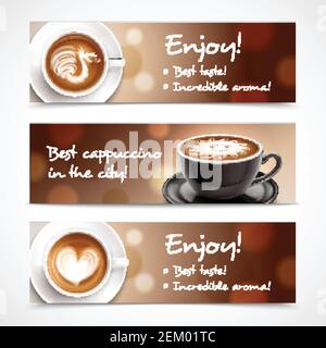 Kaffee Werbung horizontale Banner mit Tassen Cappuccino oder Latte Und Beschreibung besten Geschmack und unglaubliches Aroma realistische Vektor-Illustration Stock Vektor