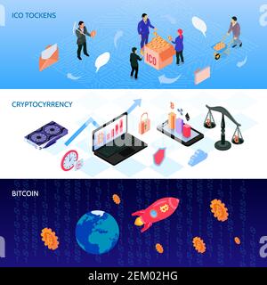 Set von isometrischen horizontalen Banner mit ico-Token, Krypto-Währung, Bit-Münze starten isolierte Vektor-Illustration Stock Vektor