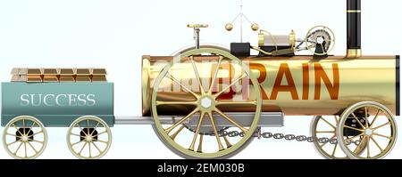 Gehirn und Erfolg - symbolisiert durch ein Retro-Dampfauto Mit dem Wort Gehirn ziehen einen Erfolg Wagen mit Gold geladen Balken, um zu zeigen, dass Gehirn ist wichtig für Stockfoto