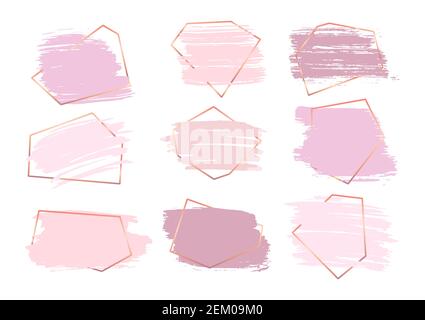 Satz von Hand gezeichneten Pinselstrichen mit roségoldfarbenem Rahmen. Stempeletikett für künstlerische Gestaltung. Grunge Textur, schmutzige Banner und Textfelder. Abstrakte Linien rosa Farben malen. Isolierte Vektordarstellung Stock Vektor