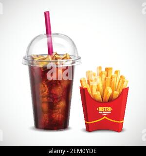 Fast Food realistische Zusammensetzung mit Papier-Box mit pommes frites Und Plastikbecher Cola mit Eisstückchen Rohr und Vektorgrafik Deckel Stock Vektor