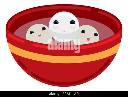 Rote Schale und drei süße tangyuan Desserts in flachem Stil, isoliert auf weißem Hintergrund. Stock Vektor
