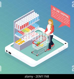 Super-Markt online isometrische Zusammensetzung, Regale mit Waren, Frau mit Wagen auf mobilen Gerät Bildschirm Vektor Illustration Stock Vektor