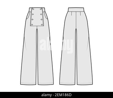 Set von Hosen Sailor technische Mode Illustration mit normaler Taille, hoher Bund, volle Länge, Taschen, Frontknöpfe. Flache Hose unten Bekleidungsvorlage hinten, grau Farbe. Frauen, Männer, Unisex CAD Stock Vektor