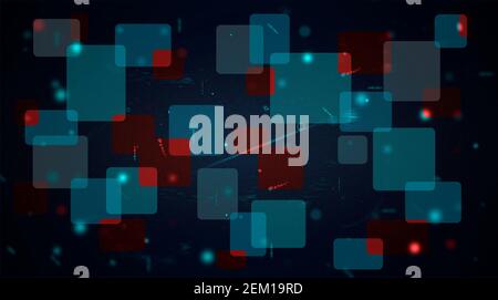 Abstrakter Raumhintergrund mit geometrischen Quadraten, futuristische Illustration mit rotem Abd blauem Quadrat, Technologie und Zukunftskonzept. Leuchtende Punkte Stockfoto