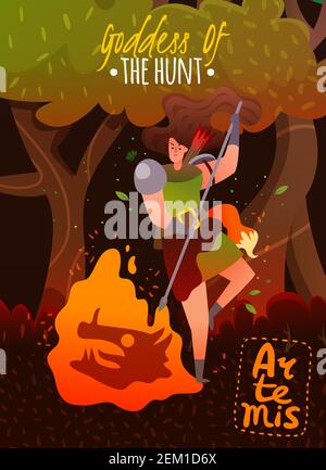 Griechenland Mythologie Cartoon Poster mit alten Göttin der Jagd artemis Vektordarstellung „Feuer flach halten“ Stock Vektor