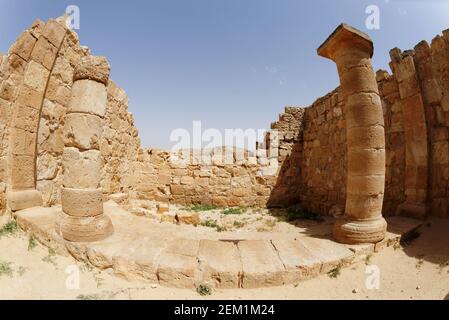 Filscheye Ansicht der alten Tempelkolonnade in Ovdat, Israel Stockfoto