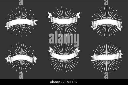 Weißes Retro-Band mit Lichtstrahlen, Icon-Set. Alte vintage Emblem Hipster Stil. Sunburst mit leeren Bannerbändern mit Platz für Text. Gravur alte Elemente für Banner, Plakate. Vektorgrafik Stock Vektor