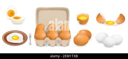 Rohe, hart gekochte, gebratene Hühnereier, Vektor isolierte Illustration. Ganze zerbrochene, weiß gelbe rohe Eier, Kartonverpackung. Stock Vektor