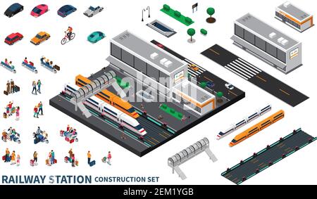 Bahnhof isometrische Konstruktor Satz von modernen Schnellzügen Eisenbahn Spur Passagier privaten Transport isolierte Elemente Vektor-Illustration Stock Vektor