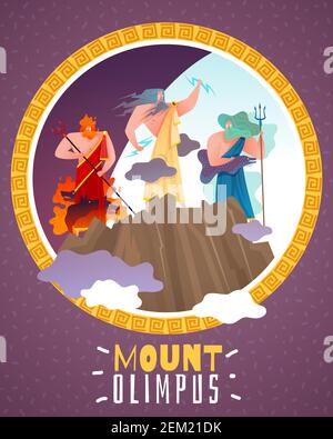 Mount olimpus Cartoon Poster mit antiken griechischen Göttern zeus poseidon hephaestus flache Vektorgrafik Stock Vektor