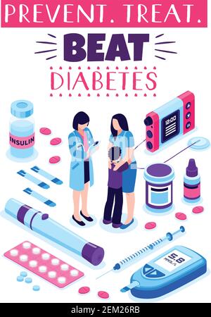 Schlagen Sie Diabetes isometrische Zusammensetzung mit Behandlung Medikamente Pillen Insulinininjektion Und Arzt beraten über Prävention Vektor Illustration Stock Vektor