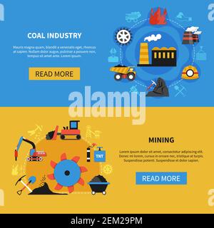 Flacher Satz von zwei horizontalen Banner mit Kohlebergbau-Industrie Elemente auf farbigem Hintergrund isolierte Vektordarstellung Stock Vektor