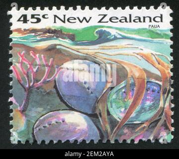 NEUSEELAND - UM 1993: Briefmarke gedruckt von Neuseeland, zeigt Paua, um 1993 Stockfoto