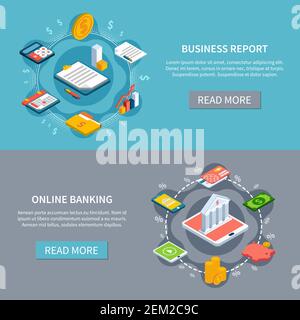 Satz von zwei isometrischen horizontalen Buchhaltungs-Bannern mit mehr lesen Schaltfläche editierbarer Text und konzeptuelle Bilder Vektordarstellung Stock Vektor