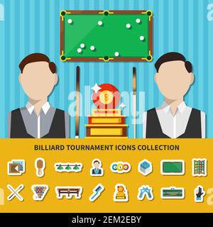 Billard-Turnier Icons Sammlung mit Spielern, Trophäe, Tisch mit Kugeln, Spiel Zubehör, Beleuchtung isoliert Vektor Illustration Stock Vektor