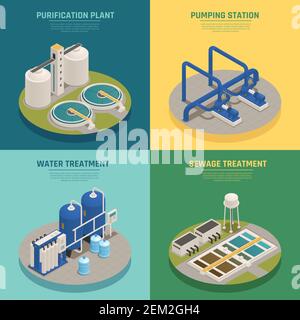 Wasserreinigungssysteme 4 isometrische Symbole quadratisch mit Kläranlage Und Abwasserbehandlung Hintergrund isoliert Vektor-Illustration Stock Vektor