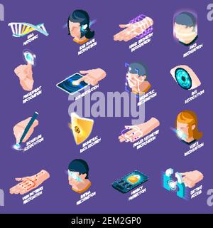Biometrische Authentifizierung isometrische Symbole mit dna-Matching, Erkennung von menschlichen Körperteilen isoliert auf violettem Hintergrund Vektordarstellung Stock Vektor