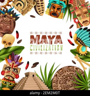 Maya Zivilisation Cartoon-Rahmen mit chichen itza Pyramide maya-Kalender Masken und Zubehör von antiken aztecs Vektor-Illustration Stock Vektor