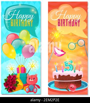 Festliche vertikale Kid Banner mit Happy Birthday Gratulation Geschenke und Celebratory Kuchen isoliert Vektor-Illustration Stock Vektor