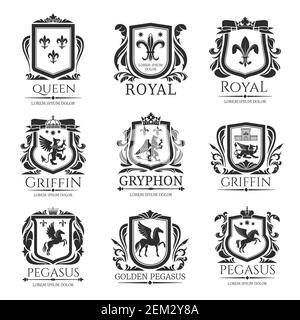 Heraldische Schilde, heraldische mittelalterliche Tiere und königliche Blumenembleme. Vektor Pegasus Pferd, Griffin Löwe mit Adlerflügeln, kaiserliche Krone, florale wrea Stock Vektor