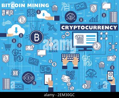 Bitcoin-Mining, Kryptowährung Blockchain und digitale Geldtechnologie. Vektor-Bit-Münzen und Krypto Währung Cloud-Computer-Netzwerk, virtuellen Block cha Stock Vektor