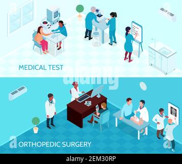 Medizinische Hilfe horizontale Banner mit Ärzten und Krankenschwestern beteiligt Tests und orthopädische Chirurgie isometrische Vektordarstellung Stock Vektor