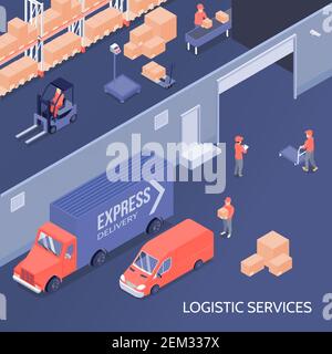 Logistische Dienstleistungen einschließlich Warenlagerung im Lager, Sortierzentrum, Versand und Lieferung isometrische Vektor-Illustration Stock Vektor