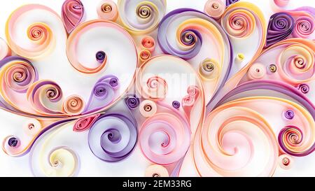 Quilling Papierkunst Hintergrund. Abstraktes Muster aus Locken und Rollen aus geschnittenem farbigem Papier. Filigranes Papier Hobby. Florales Muster in rosa und violetten Tönen Stockfoto