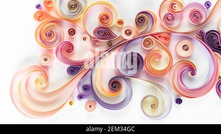Abstrakter Hintergrund mit gewelltem farbigem Papier in Quilling-Technik. Papier filigranes Blumenmuster. Quilling Papierelemente für Art Panel. Geblümte Bann Stockfoto