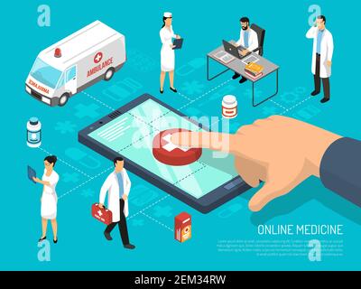 Online-Ärzte Ärzte Beratung auf mobilen Gerät für schnell Bestrahlungsempfehlung isometrische konzeptuelle Komposition Vektor Illustration Stock Vektor