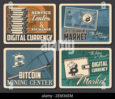 Bitcoin-Mining, Kryptowährungsmarkt und Blockchain-Technologie für digitales Geld Retro-Vintage-Poster. Vektor-Bit-Münzen Austausch und Krypto Währung wal Stock Vektor