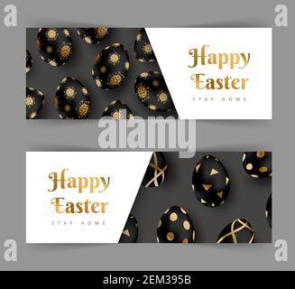 Frohe Ostern horizontale Banner. Bleiben Sie zu Hause. Luxus Hintergründe mit schwarz und Gold realistische Eier. Vektorgrafik Stock Vektor