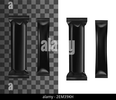 Schwarzer Folienstick Beutel, löslicher Kaffee oder Zucker Verpackung Vorlage Mockup. Vector isoliert realistische 3D blank glänzend doy Pack, Sauce oder Salz und Pfeffer Stock Vektor