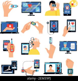 Digitales Gesundheitswesen innovative Technologie flache Icons Sammlung mit mobilen Geräten Zur Selbstpflege üben isolierte Vektordarstellung Stock Vektor