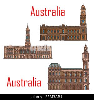 Architektur in Australien, städtische Stadtgebäude in Adelaide und Melbourne und historische Wahrzeichen. Vector Adelaide Rathaus und Melbourne allgemeinen Post o Stock Vektor