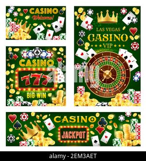 Casino, Glücksspiel und Poker-Spiele. Vektor-Glücksrad, glückliche Sevens Kombination, königliche Krone, Glücksspiel Würfel und Chips. Blackjack Spielkarten, golden Stock Vektor