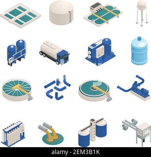 Wasseraufbereitungstechnologie Elemente isometrische Symbole Sammlung mit Abwasserreinigung Isolierte Vektordarstellung für Filtrations- und Pumpeinheiten Stock Vektor