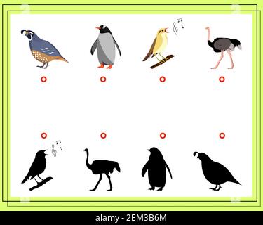 Spiel für Kinder finden den richtigen Schatten. Wählen Sie den richtigen Farbton für die Vögel Stock Vektor