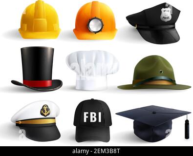 Verschiedene Berufe Hüte Set mit magistr Hut Bergmann Helm Zylinder Chef fbi und Polizeichef Uniform isoliert Vektor Illustration Stock Vektor