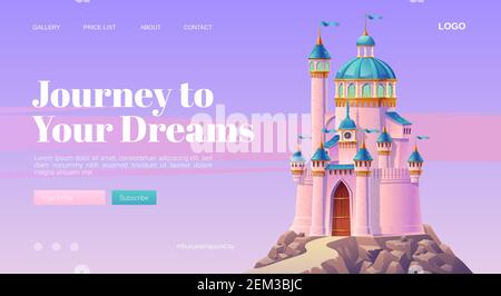 Reise zu Ihrem Traum Cartoon Landing Page mit rosa magische Burg, Prinzessin oder Feenpalast mit Türmchen und Uhr auf Berggipfel mit felsigen Straße führen zu Toren und lila wolkigen Himmel. vektor-Web-Banner Stock Vektor