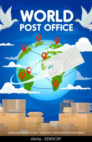 World Post Office, weltweite Lieferung an jeden Zielpunkt auf der Karte. Vektor-Pakete und Paket, Boxen und Globus mit Marken. Taubenvögel am Himmel, enve Stock Vektor