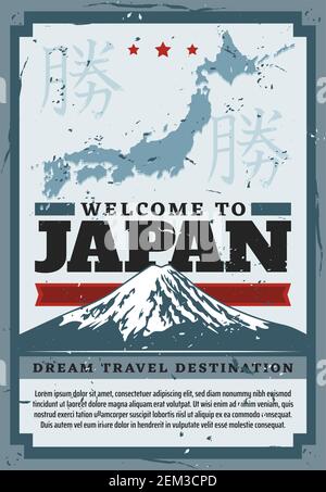 Japan Reise und Tokyo City Tourismus Retro Vintage Poster. Vektor japanische Kultur und Tradition, Sehenswürdigkeiten und Touristenattraktion Ausflüge zu Stock Vektor